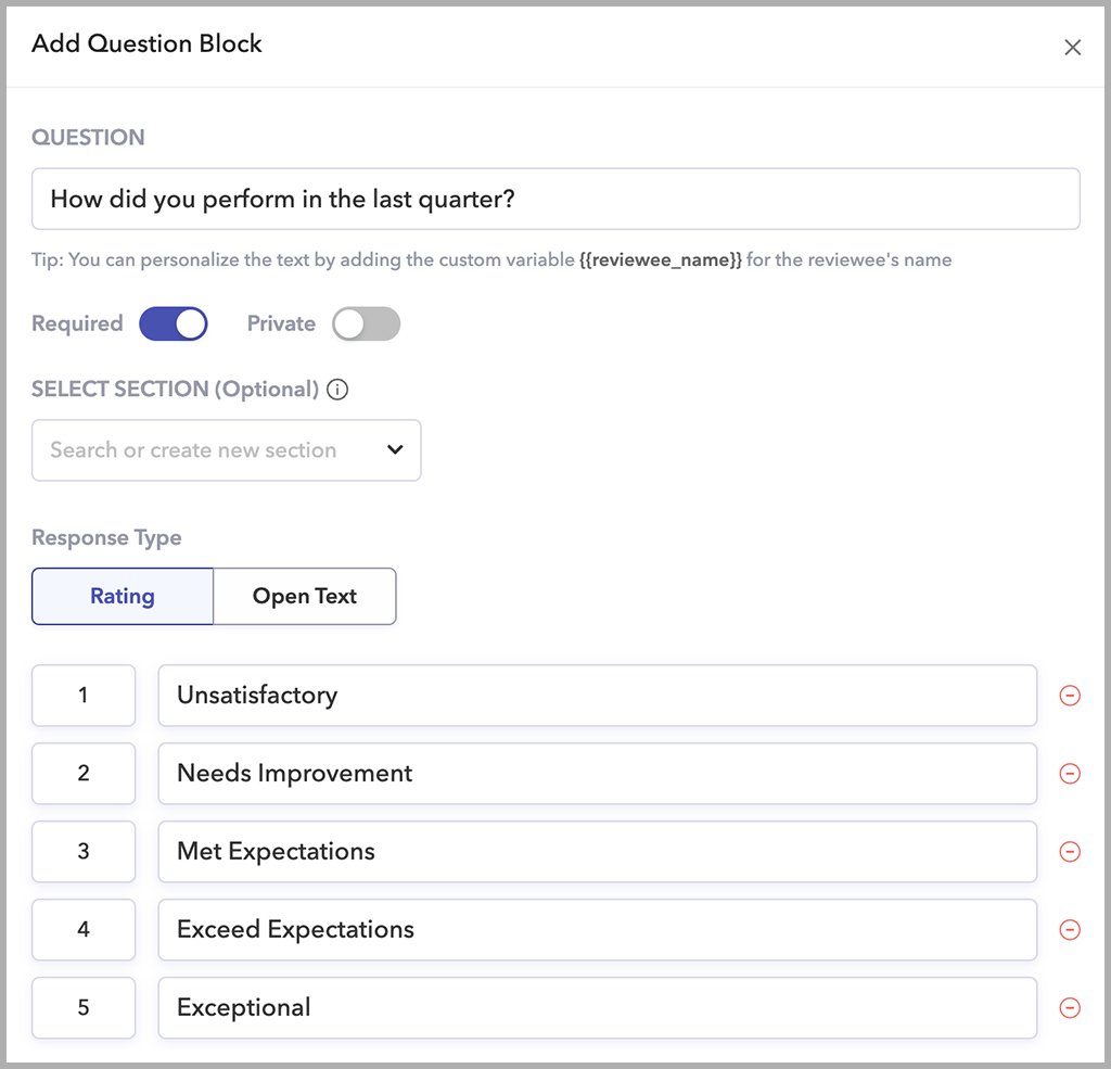 Choose open-ended or closed-ended questions on Peoplebox